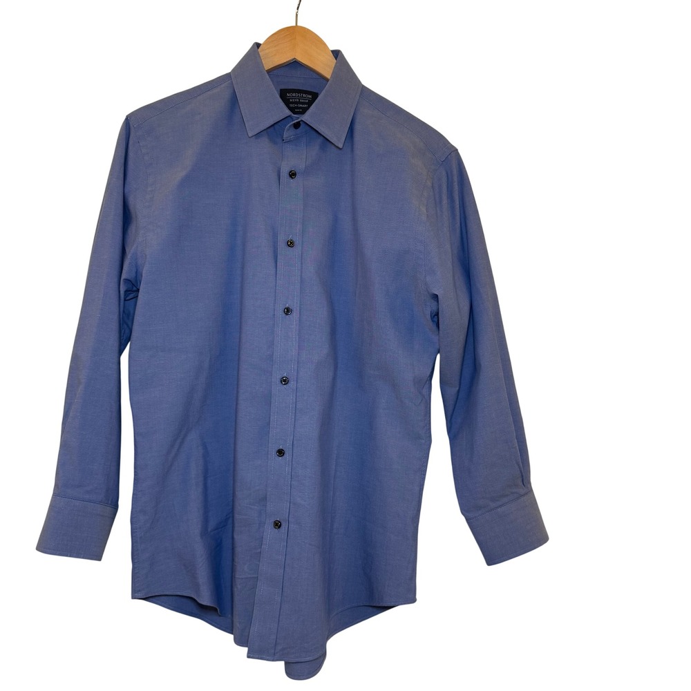 Nordstrom Men's Shop Tech Smart Trim Fit Long Sleeve Dress Blue Size 15 32-33